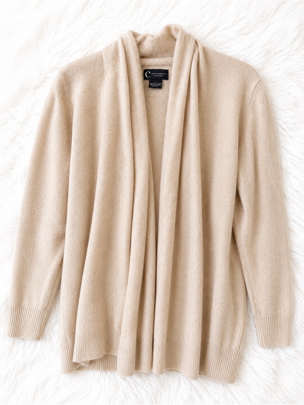 C by Bloomingdale’s Cardigan 100% Cashmere Open Front Drape Beige Large